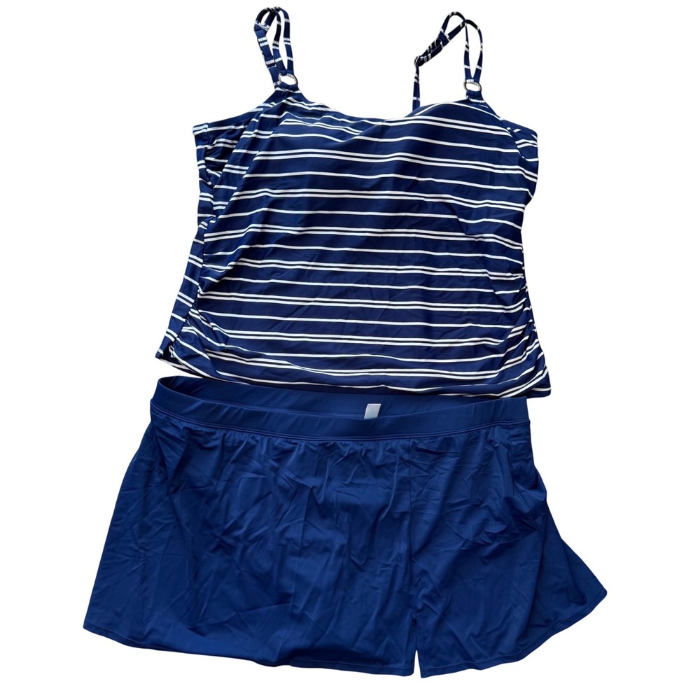 Bal‎ Harbour Swim Womens 3X Navy Blue Striped Tankini Top and Swim Shorts Set